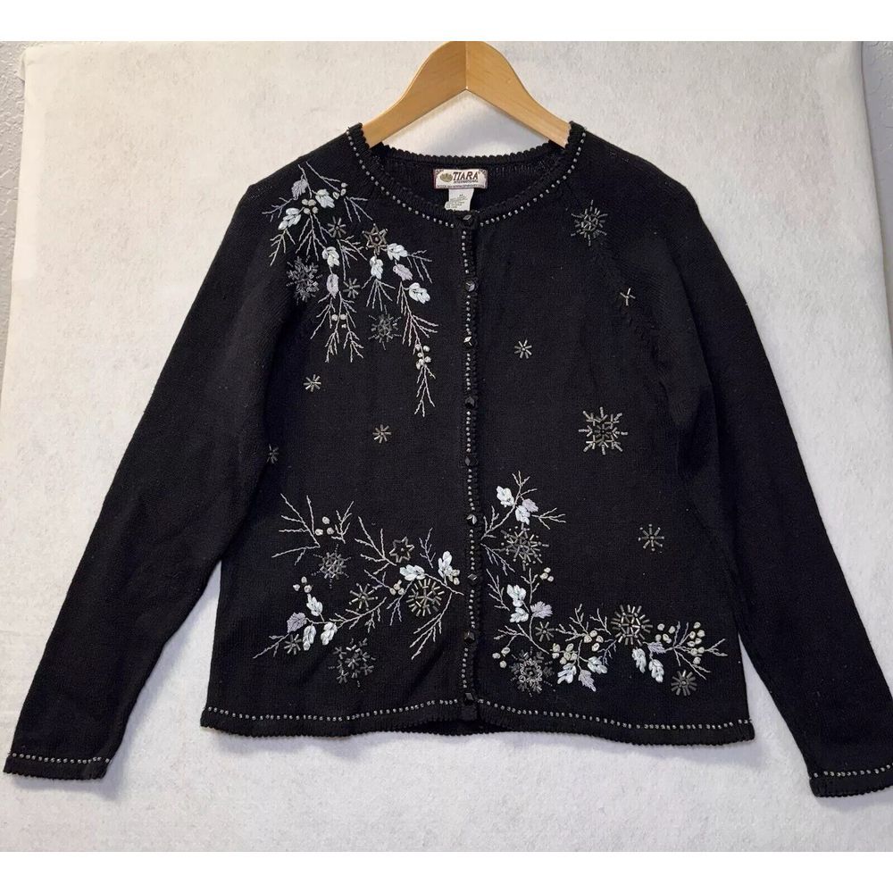 Vintage Tiara International Womens‎ M Cardigan Black Floral Beaded Embroidered